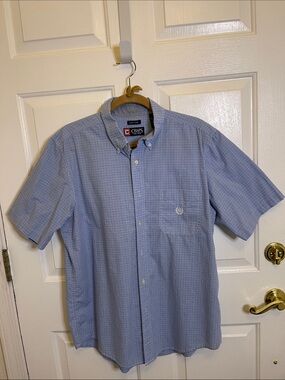 CHAPS  Men's Light Blue and White Checked Button-Down Shirt